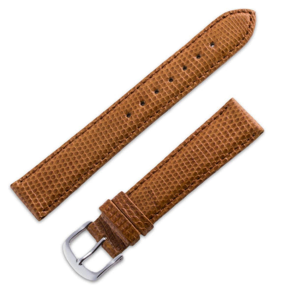 Bracelet cuir montre 10 mm lezard long marron foncé cousu surpiqûre marron foncé boucle simple doré deux passants dont 1 fixe . Fleurus - Collection