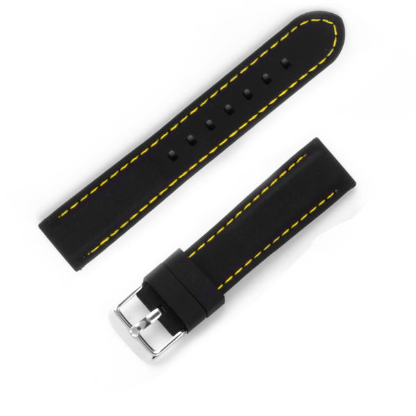 Glattes Kautschuk-Uhrarmband mit schwarzer Stahlstiftschließe mit gelber Naht - ANTENEN
