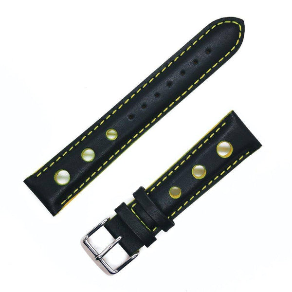 Rallye-Armband aus schwarzem Kalbsleder mit gelben Löchern, Nähten und Kanten - ANTENEN