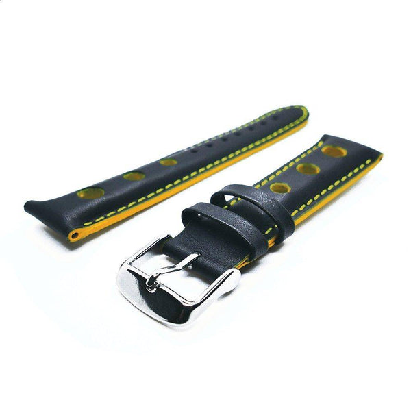 Rallye-Armband aus schwarzem Kalbsleder mit gelben Löchern, Nähten und Kanten - ANTENEN