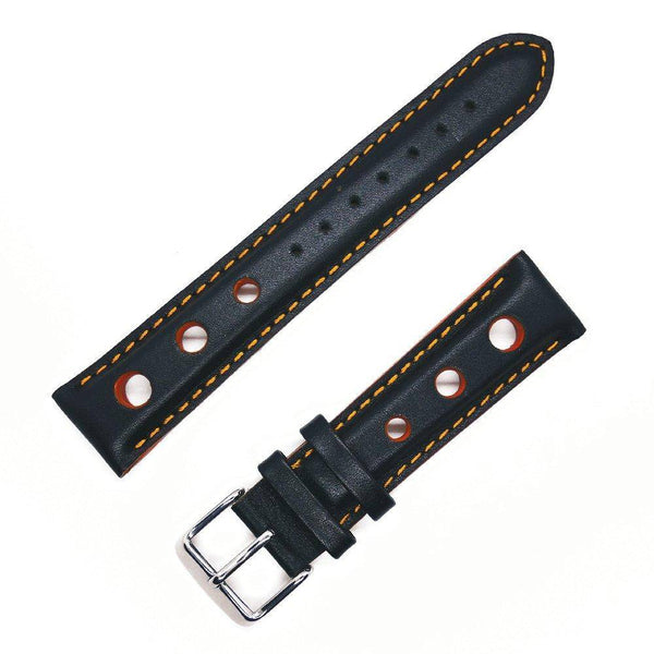 Rallye-Armband aus schwarzem Kalbsleder mit orangefarbenen Löchern, Nähten und Kanten - ANTENEN