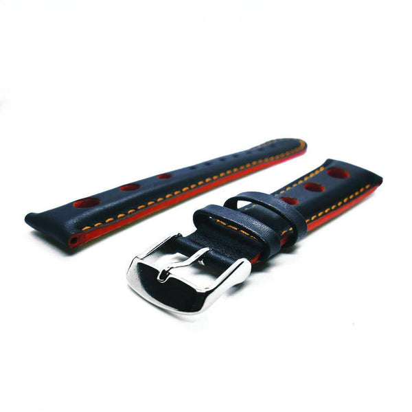 Rallye-Armband aus schwarzem Kalbsleder mit orangefarbenen Löchern, Nähten und Kanten - ANTENEN