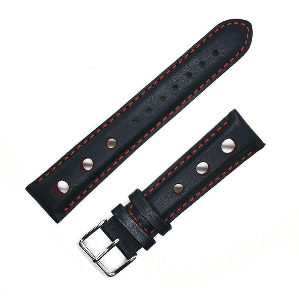 Rallye-Armband aus schwarzem Kalbsleder mit roten Löchern, Nähten und Kanten - ANTENEN