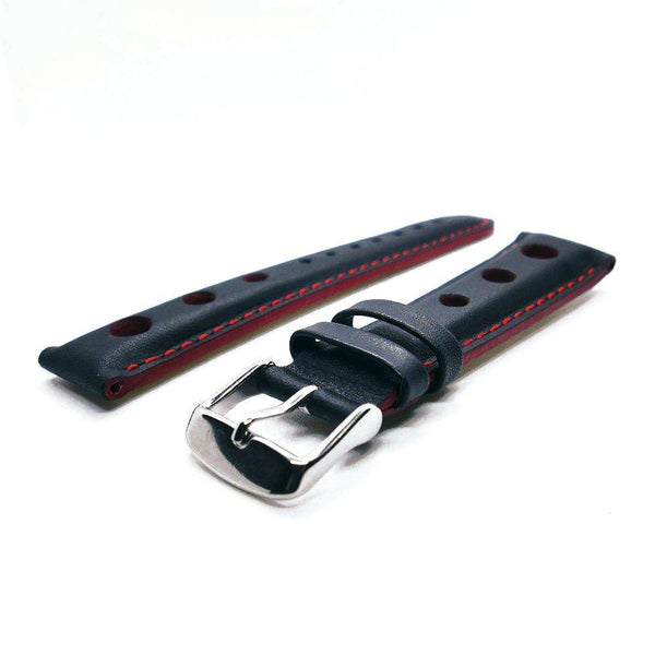 Rallye-Armband aus schwarzem Kalbsleder mit roten Löchern, Nähten und Kanten - ANTENEN