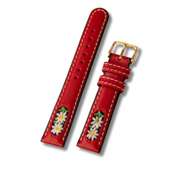 Bracelet-montre-en cuir-veau-motif Fleur Edelweiss-rouge-photo-speciale