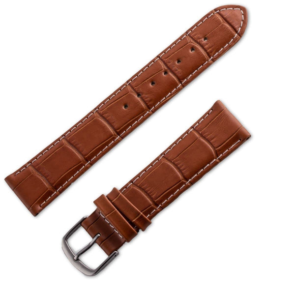 Camel brown matt crocodile style leather watchband with white stitching - ANTENEN