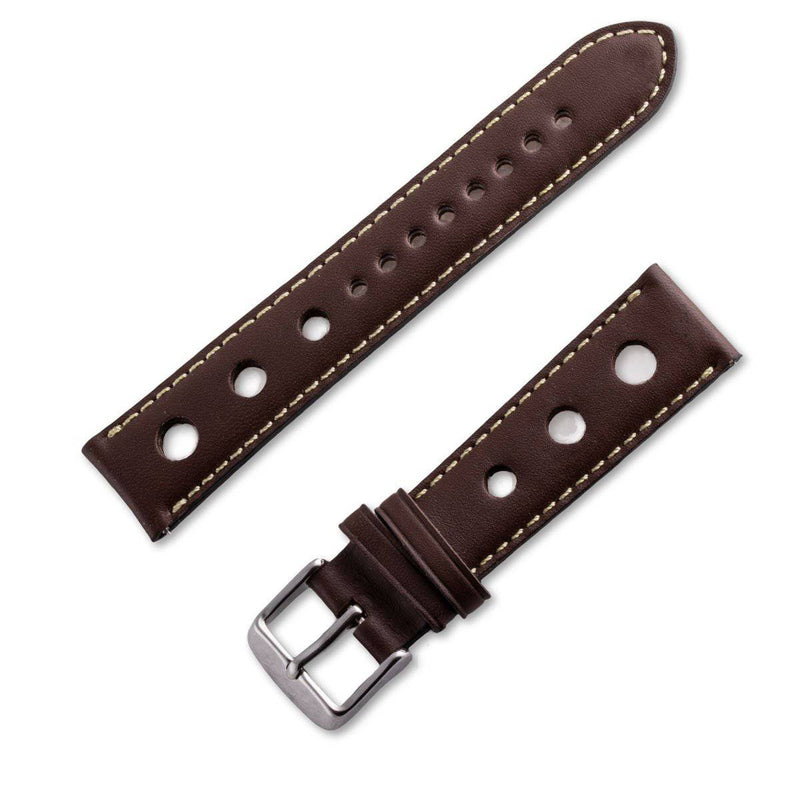 Rally style buffalo leather watchband with large sports holes and white stitching - ANTENEN