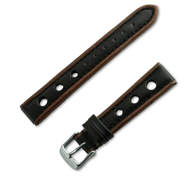 Rally style buffalo leather watchband with large black sports holes and brown sides - ANTENEN