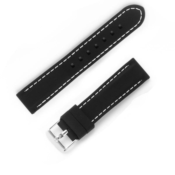 Smooth rubber watchband with black steel pin buckle with white stitching - ANTENEN