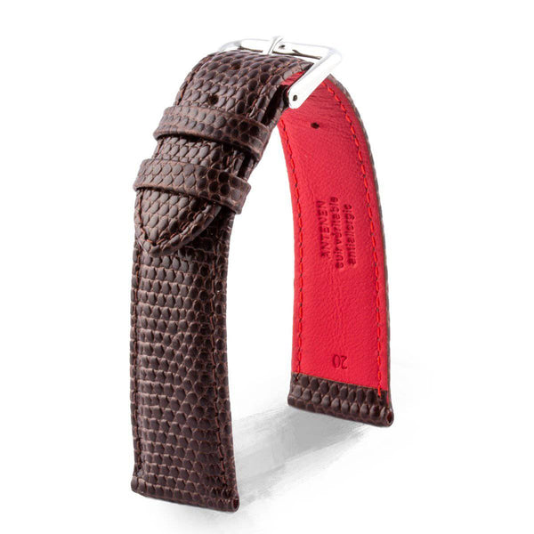 Lizard leather watchband special edition louboutin style brown-chocolate brown with red lining - ANTENEN