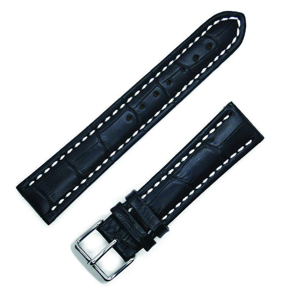Sport strap (curved) in black crocodile style with white stitching - ANTENEN