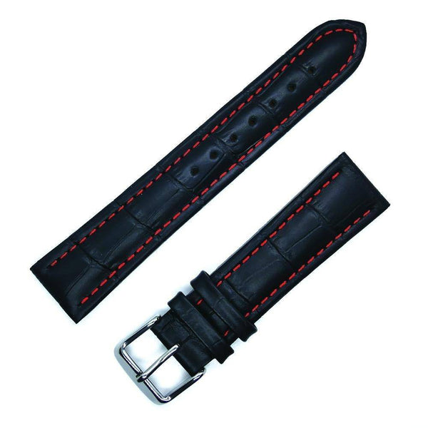 Sport strap (curved) in black crocodile style with red stitching - ANTENEN