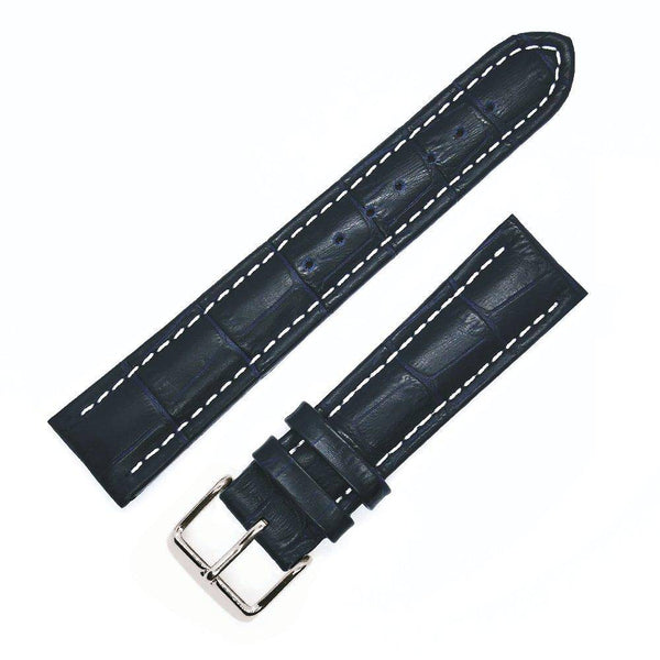 Sport strap (curved) in crocodile style calfskin, navy blue with white stitching - ANTENEN