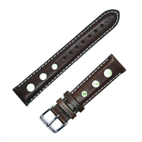 Dark brown calfskin rally bracelet with white holes, seams and edges - ANTENEN
