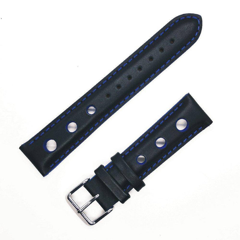 Black calf rally bracelet with blue holes, seams and edges - ANTENEN