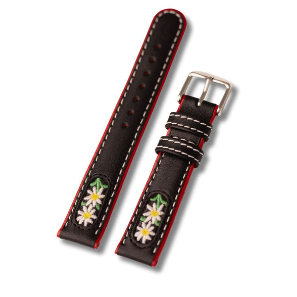 Bracelet-montre-en cuir-veau-motif Fleur Edelweiss-noir-photo-speciale