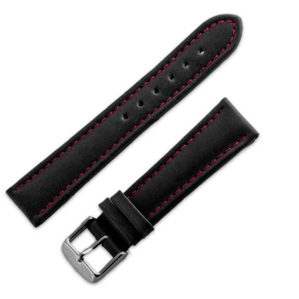 Bracelet montre cuir en buffle lisse noir bombé et couture rouge - ANTENEN
