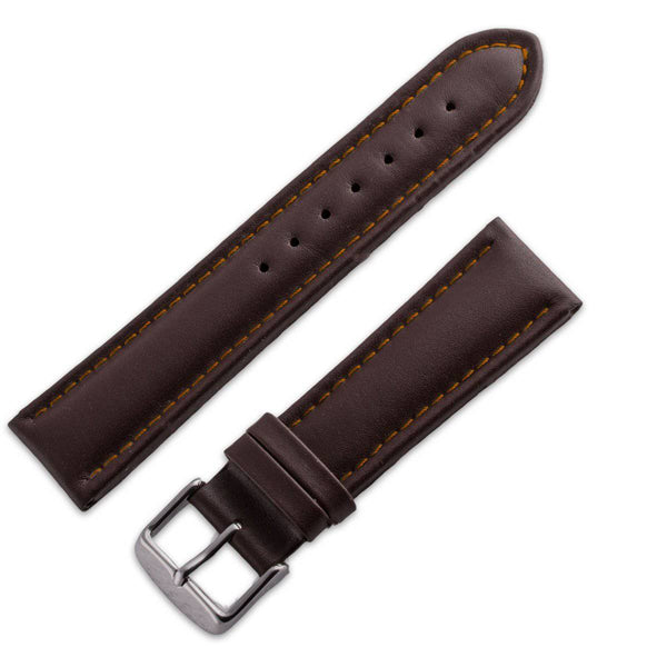 Bracelet montre cuir en buffle lisse brun chocolat bombé et couture brun clair - ANTENEN