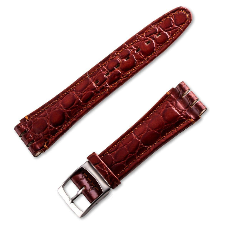 Bracelet montre cuir façon crocodile pour montre Swatch de couleur marron-bordeaux - ANTENEN
