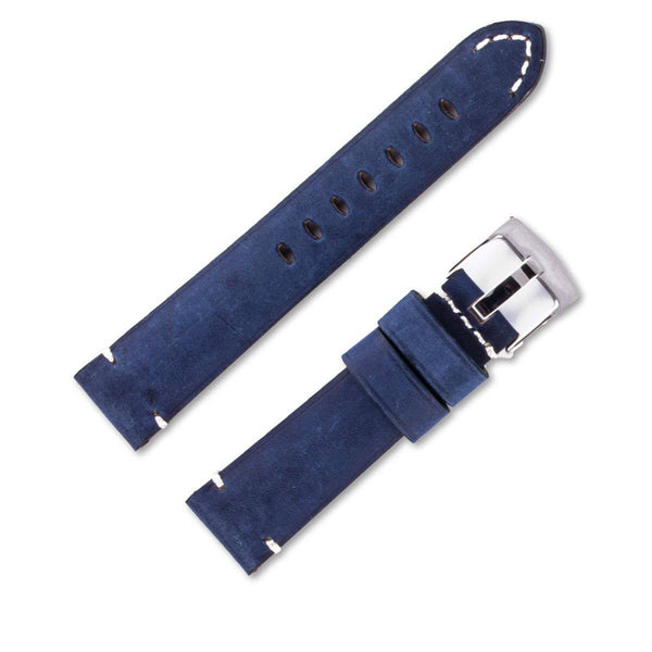 Bracelet montre cuir veau vintage avec points d'arrêt blancs de couleur bleu - ANTENEN