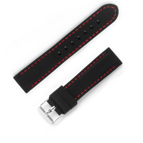 Bracelet montre caoutchouc lisse avec boucle ardillon acier de couleur noir avec couture rouge