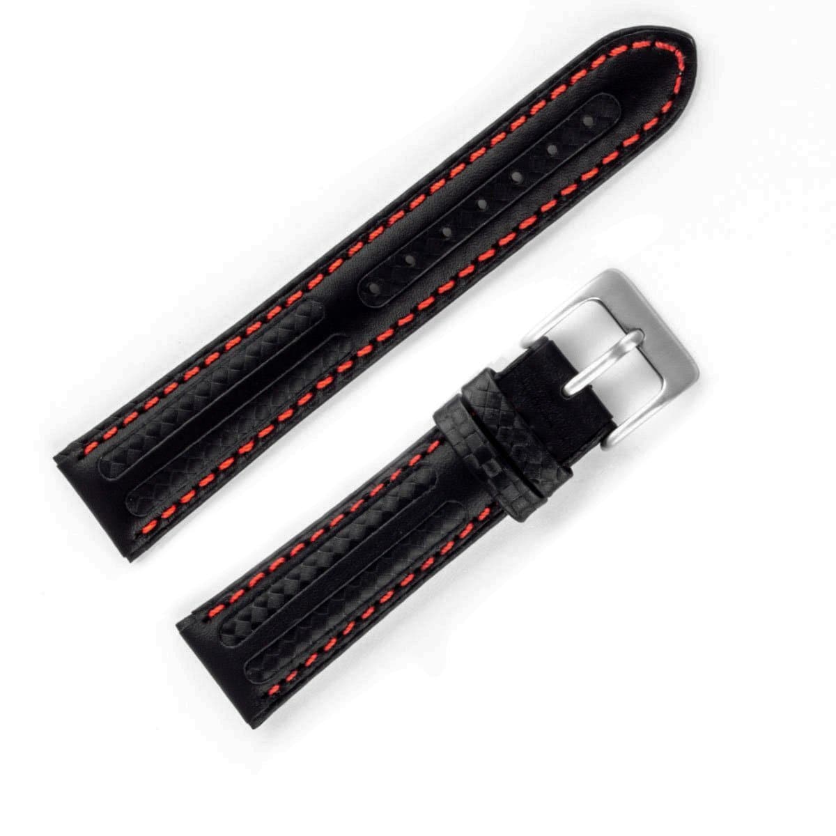 Carbone Fibre Bracelet Montre Remplacement Noir Avec Couture Fort Cuir Bande
