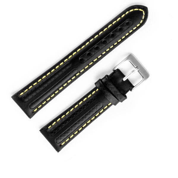 Bracelet montre cuir veau carbone édition spéciale noir avec couture jaune - ANTENEN