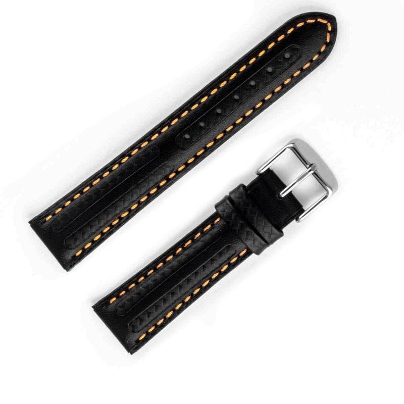 Bracelet montre cuir veau carbone édition spéciale noir avec couture orange - ANTENEN