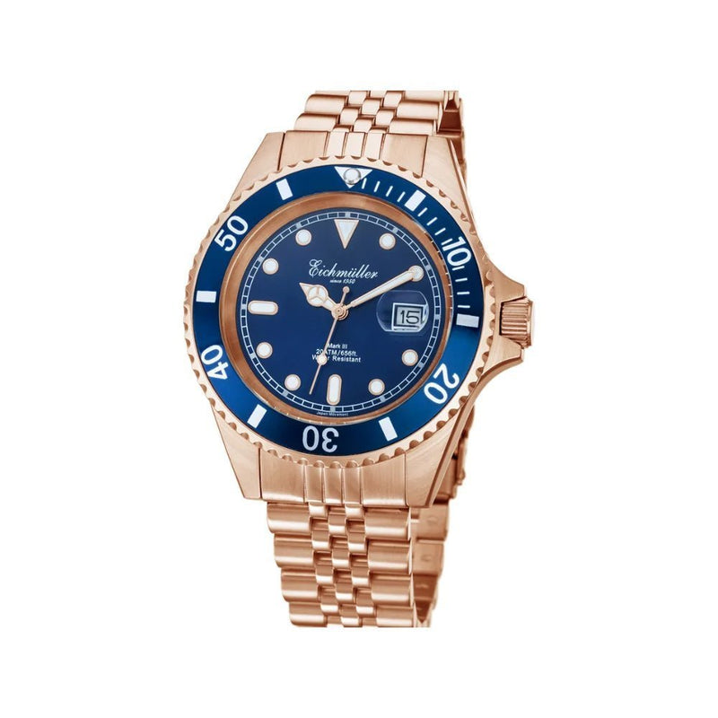 EI-3464-05-montre-homme-pas-cher-eichmuller-plongee-3-aiguilles-et-date-couronne-visee-boitier-acier-or-rose-cadran-bleu-lunette-bleu-bracelet-type-jubilee-acier-or-rose