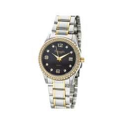 Montre femme Eichmuller 3 aiguilles Boitier acier dor e Bracelet m tal bicolor acier dor e Cadran noir Chiffres arabes et date Lunette