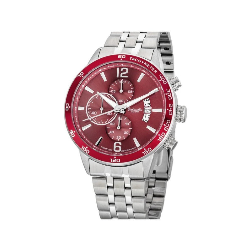 Montre homme Eichmuller Chrono Boitier acier Bracelet m tal Cadran rouge Chiffres arabes Lunette rouge