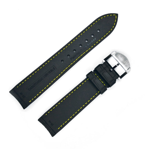 bracelet-montre-caoutchouc-noir-swiss-made-skinskan-façon-croco-cousu-jaune-cote-doublure