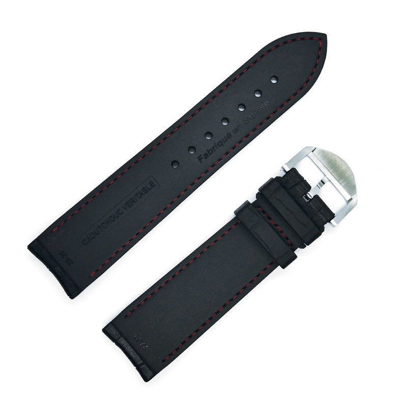 bracelet-montre-caoutchouc-noir-swiss-made-skinskan-façon-croco-cousu-rouge-cote-doublure